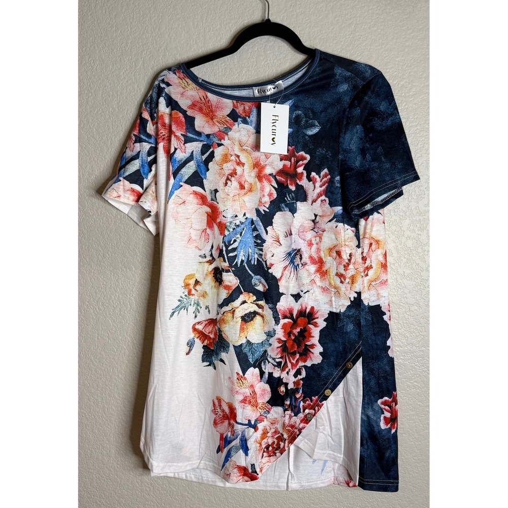 Flycurvy Womens XL Navy Blue Floral Tunic Top Short Sleeve Button Detail New‎